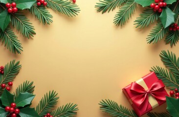 Christmas banner with fir branches, red berries, and gift box on a golden background, copy space, mockup
Festive holiday frame, Christmas greeting cards, New Year celebration, winter decoration.