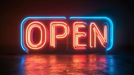 Glowing Neon OPEN Sign in Bold Blue and Red Lights on Dark Background