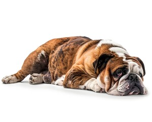 Obraz premium Relaxed Overweight Bulldog Lying Comfortably on White Background with Copy Space
