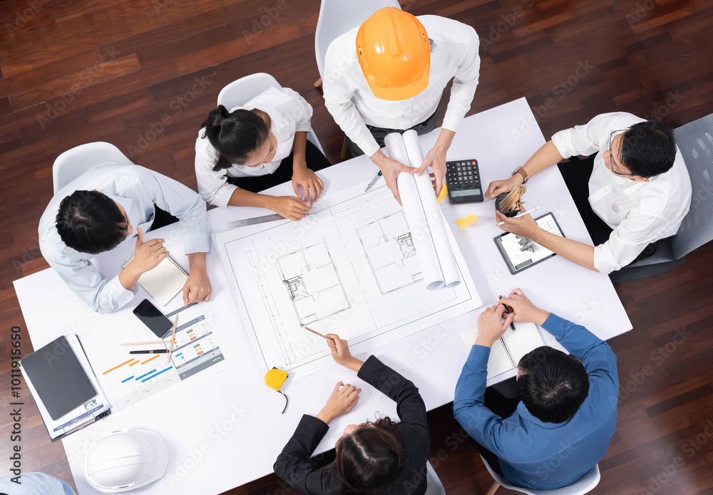 Aufkleber top view banner of diverse group of civil engineer and client working together on architectural proj