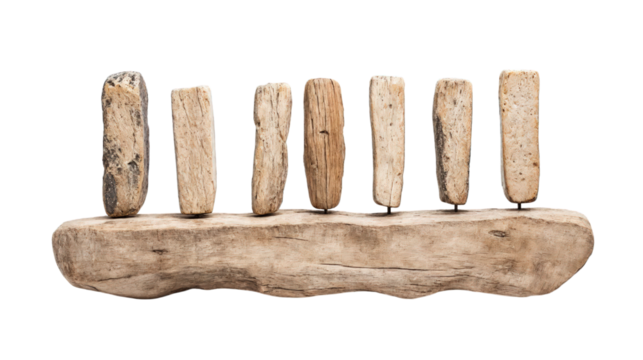 Rustic wooden menorah with natural driftwood candle holders isolated on transparent background