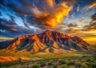 Breathtaking sunset casts vibrant hues over the majestic Franklin Mountains, highlighting the rugged terrain in a picturesque landscape filled with natural beauty and wonder.
