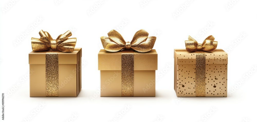 Poster elegant display of three golden gift boxes of varying sizes with luxurious ribbons on a minimalistic