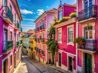 Obraz premium Charming pink street in Lisbon showcasing vibrant architecture and picturesque urban scenery