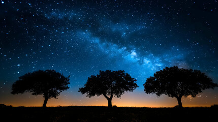 Silhouettes of Trees Against a Starry Night Sky, with the Milky Way Galaxy Visible