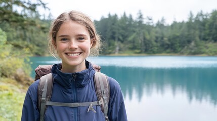 Fototapeta premium Young woman hiker smiling near a lake during an outdoor adventure