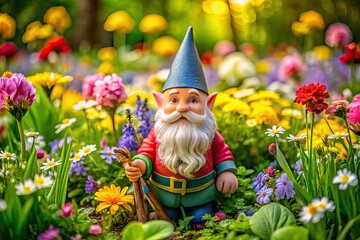 Obraz premium Charming Spring Gnome Wallpaper with Colorful Flowers and Lush Greenery for Seasonal Decor