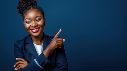Confident Black Businesswoman Smiling and Pointing Forward