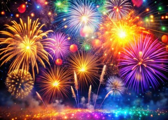 Celebrate the New Year 2023 with a vibrant backdrop of colorful fireworks and sparkling lights that illuminate the night sky in joyous festivities.