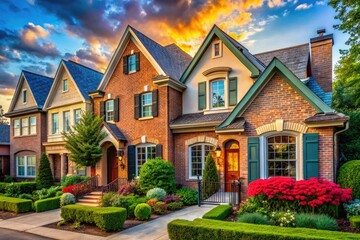 Naklejka premium Charming stucco brick homes showcasing unique architectural designs in a picturesque neighborhood setting