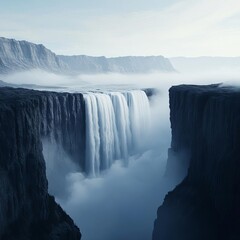 Majestic waterfall in a deep canyon, misty and dramatic, 3D illustration
