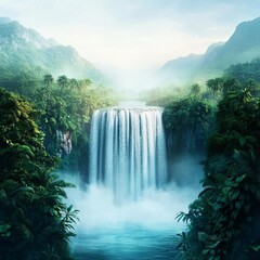 Fototapeta premium Majestic waterfall in a dense jungle, vibrant green and misty air, 3D illustration