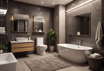 This illustration shows a modern stylish bathroom with elegant sanitary ware, a sink and interior in natural tones