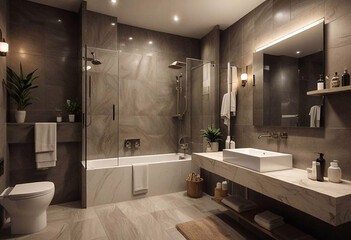 This illustration shows a modern stylish bathroom with elegant sanitary ware, a sink and interior in natural tones