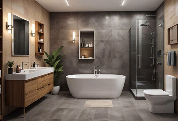 This illustration shows a modern stylish bathroom with elegant sanitary ware, a sink and interior in natural tones