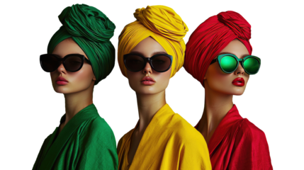 Three fashionable girls in different outfits and sunglasses on a transparent background