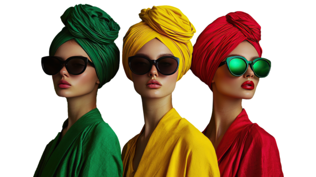 Three fashionable girls in different outfits and sunglasses on a transparent background