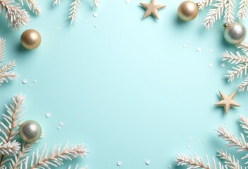 Fototapeta premium Christmas decorations on a blue background, top view with space for text - Image