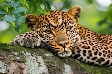 Obraz premium A leopard resting in a tree, its spotted coat blending into the foliage, symbolizing stealth and the hidden beauty of the African wilderness