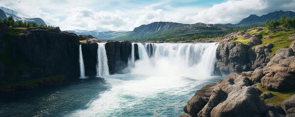 Fototapeta premium Powerful waterfall surrounded by rugged cliffs, natural power, 3D illustration