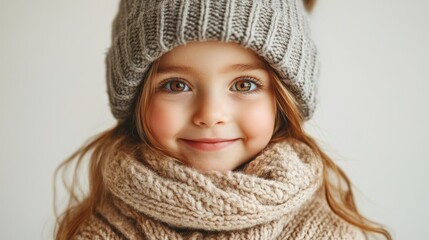 A smiling girl in a cozy knitted hat and scarf, radiating warmth and joy