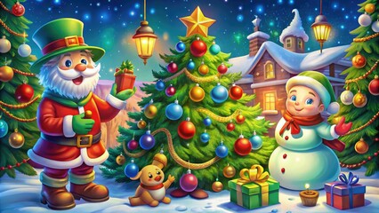 Cheerful Cartoon Christmas Illustrations Featuring Festive Themes, Characters, and Holiday Decor Elements