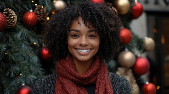 Portrait of a smiling woman with curly hair standing in front of a decorated Christmas tree with ornaments