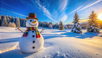 Obraz premium Cheerful Snowman Surrounded by Snowy Landscape Under Clear Blue Skies in Winter Wonderland Scene