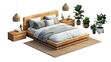 Showcase your design ideas with this isometric bed mockup in top view, featuring pillows and a clean, minimalist design. Perfect for presentations, this cut-out PNG format allows easy integration