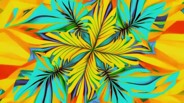 Symmetrical palm leaf patterns kaleidoscope effect. Bright and bold tropical colors yellows, teals, and oranges geometric loops circular or square space center, 4k background Animation Video