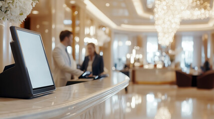 Mockup of a tablet sitting on a hotel reception desk, hotel staff In the background.