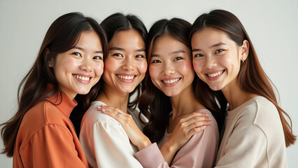 Obraz premium Four girls hugging, close-up portrait.