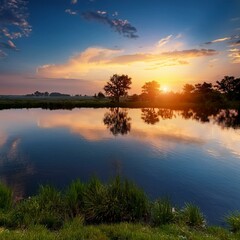 Naklejka premium Evening Serenity: Beautiful Sunset Reflections in a Calm Natural Landscape