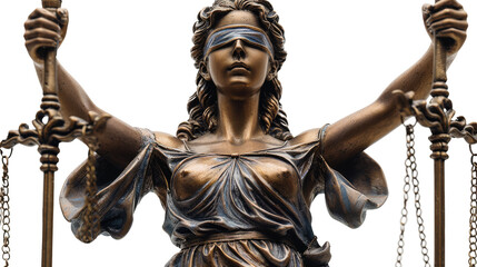 Obraz premium A detailed PNG cut-out of the Lady of Justice, blindfolded and holding scales, symbolizing fairness, justice, and impartiality. Perfect for legal branding, court presentations, or educational