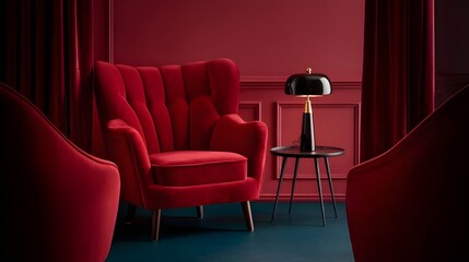 Red Velvet Armchair with Gold Lamp in Elegant Living Room Interior