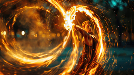 Dynamic Fire Performer Creating Mesmerizing Patterns with Fiery Trails in a Nighttime Outdoor Setting