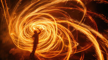 Dynamic Long Exposure of a Performer Creating Mesmerizing Light Trails with Fiery Sparks in Motion