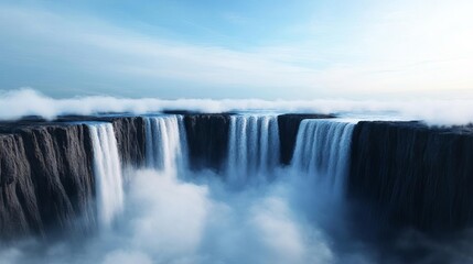 Fototapeta premium Waterfall crashing into a deep canyon, mist swirling in air, 3D illustration