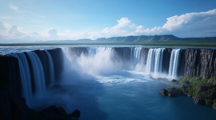 Fototapeta premium Waterfall crashing into deep blue river, mist swirling in air, 3D illustration