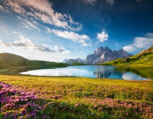 Naklejka premium Majestic Meadow and Lake Under a Cloudy Blue Sky: A Vintage Long Exposure Landscape