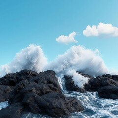 Waterfall crashing over volcanic rocks, nature s raw power, 3D illustration