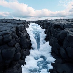 Fototapeta premium Waterfall crashing over volcanic rocks, nature s raw power, 3D illustration