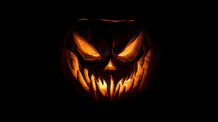 Fototapeta premium A Carved Pumpkin with a Glowing Face in the Dark