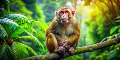 Chubby monkey sitting on a branch, enjoying its surroundings in a lush green forest habitat