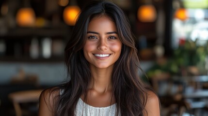 Obraz premium Portrait of a smiling woman in a café environment