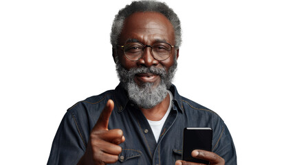 A PNG cut-out of a man holding a smartphone, ideal for showcasing mobile app interfaces, advertisements, or product demonstrations in a professional and clean format.