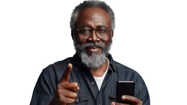 A PNG cut-out of a man holding a smartphone, ideal for showcasing mobile app interfaces, advertisements, or product demonstrations in a professional and clean format.