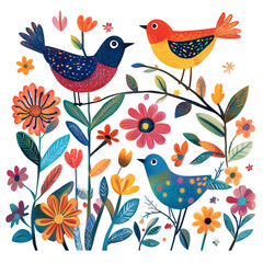 Obraz premium Colorful Birds And Flowers In Whimsical Nature Illustration With Bright Floral Elements And Playful Design, Cutout, Isolated on Transparent PNG/White Background.