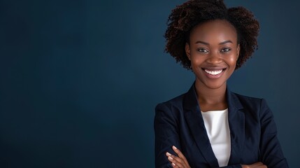 Confident Black Businesswoman Smiling in Professional Attire Against Dark Background