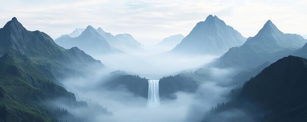 Waterfall in foggy mountain range, misty and mysterious landscape, 3D illustration